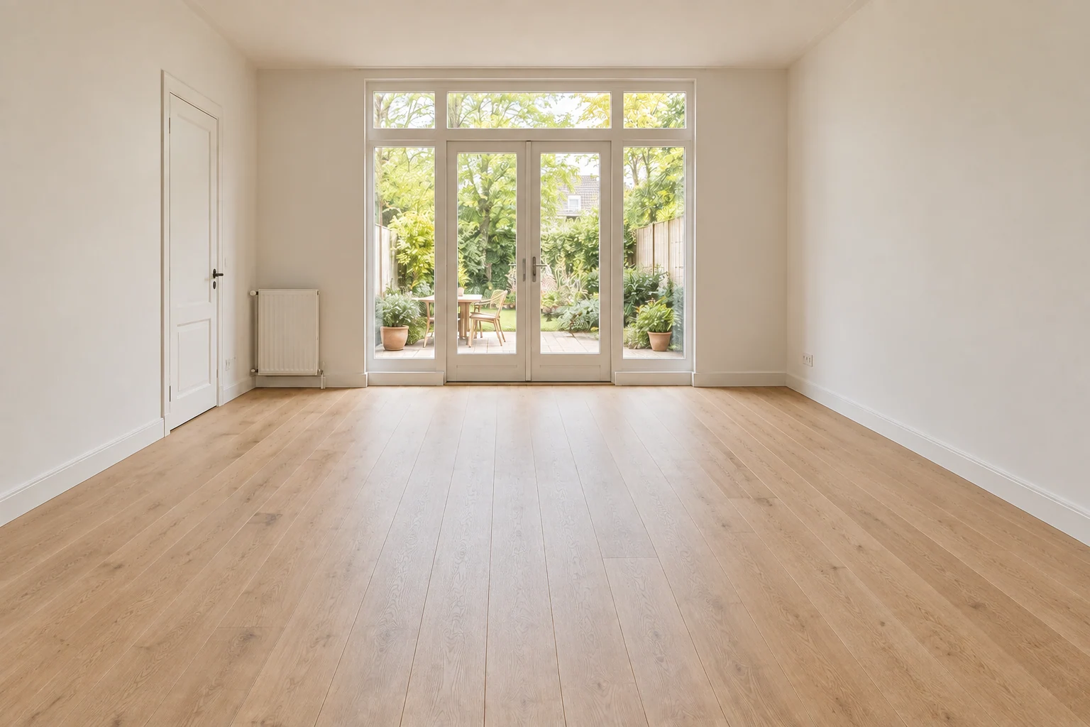 Dezelfde woonkamer voordat er meubels zijn toegevoegd.